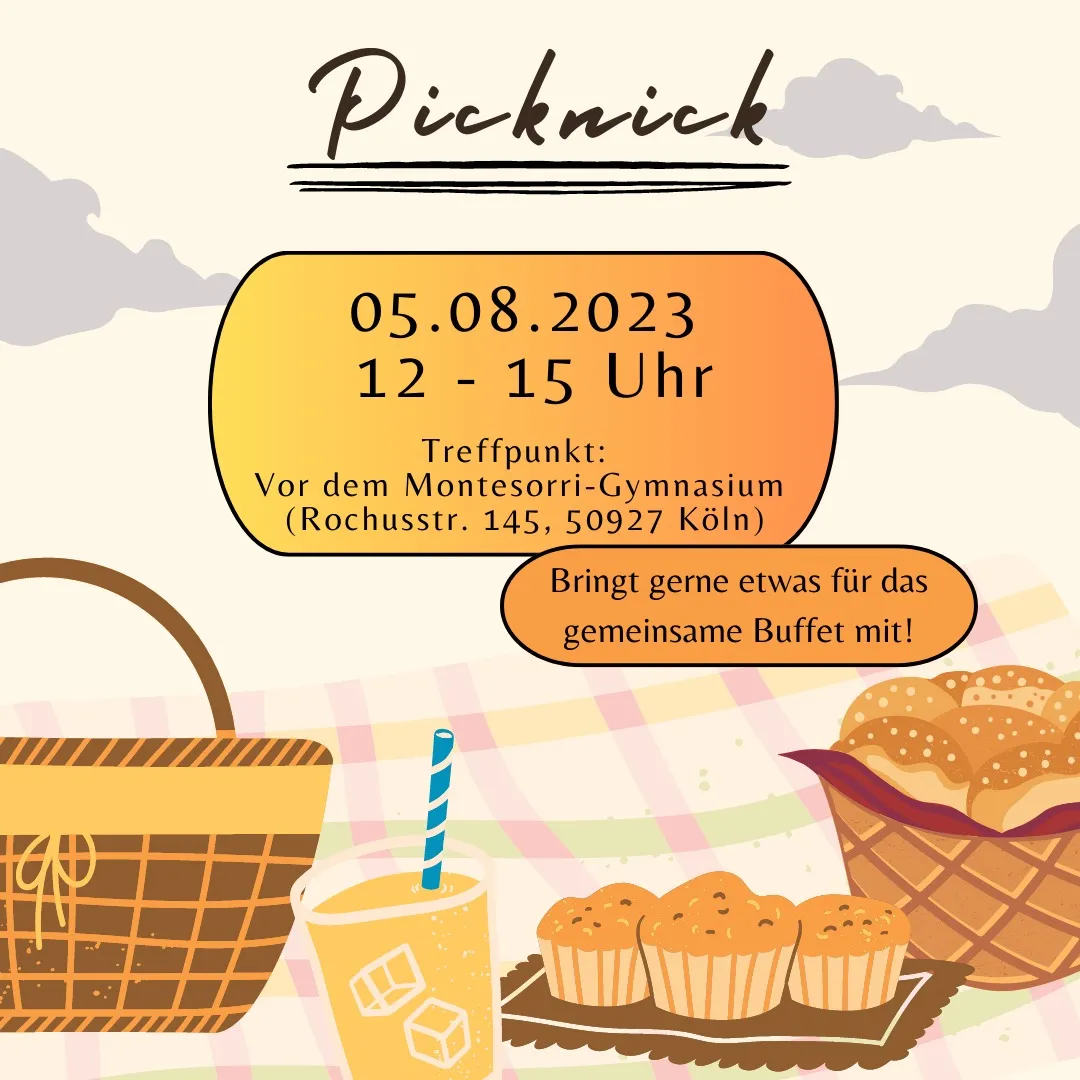 Unser jährliches Picknick findet am 05.08.2023 von 12:00 Uhr bis 15:00 Uhr vor dem Montessori-Gymnasium in der Rochusstraße 145 statt. Bringt gerne etwas für das gemeinsame Buffet mit!